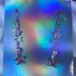 Handmade Metal Silver Pink Star Earrings, Long Dangly Jewelry